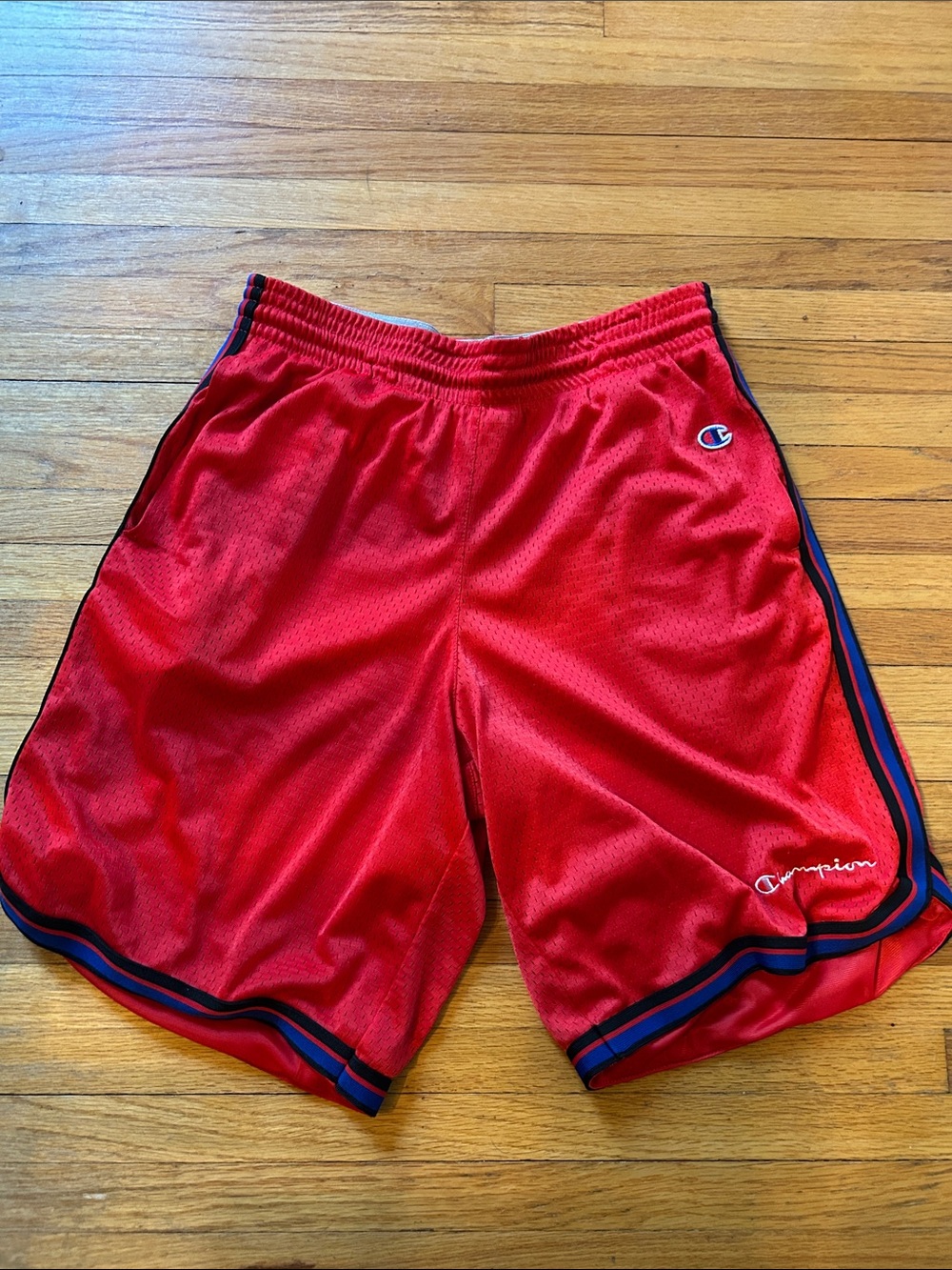 Champion Red Athletic Mesh Shorts with Navy Trim Mens size small.